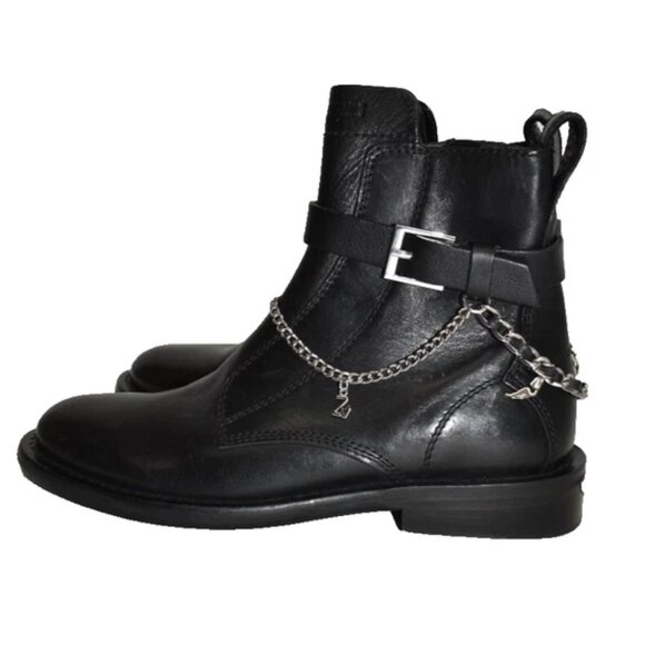 $650 Zadig & Voltaire Laureen Chain Embellished Leather Boot MOTO BLACK 39 (MG4) - Picture 4 of 7